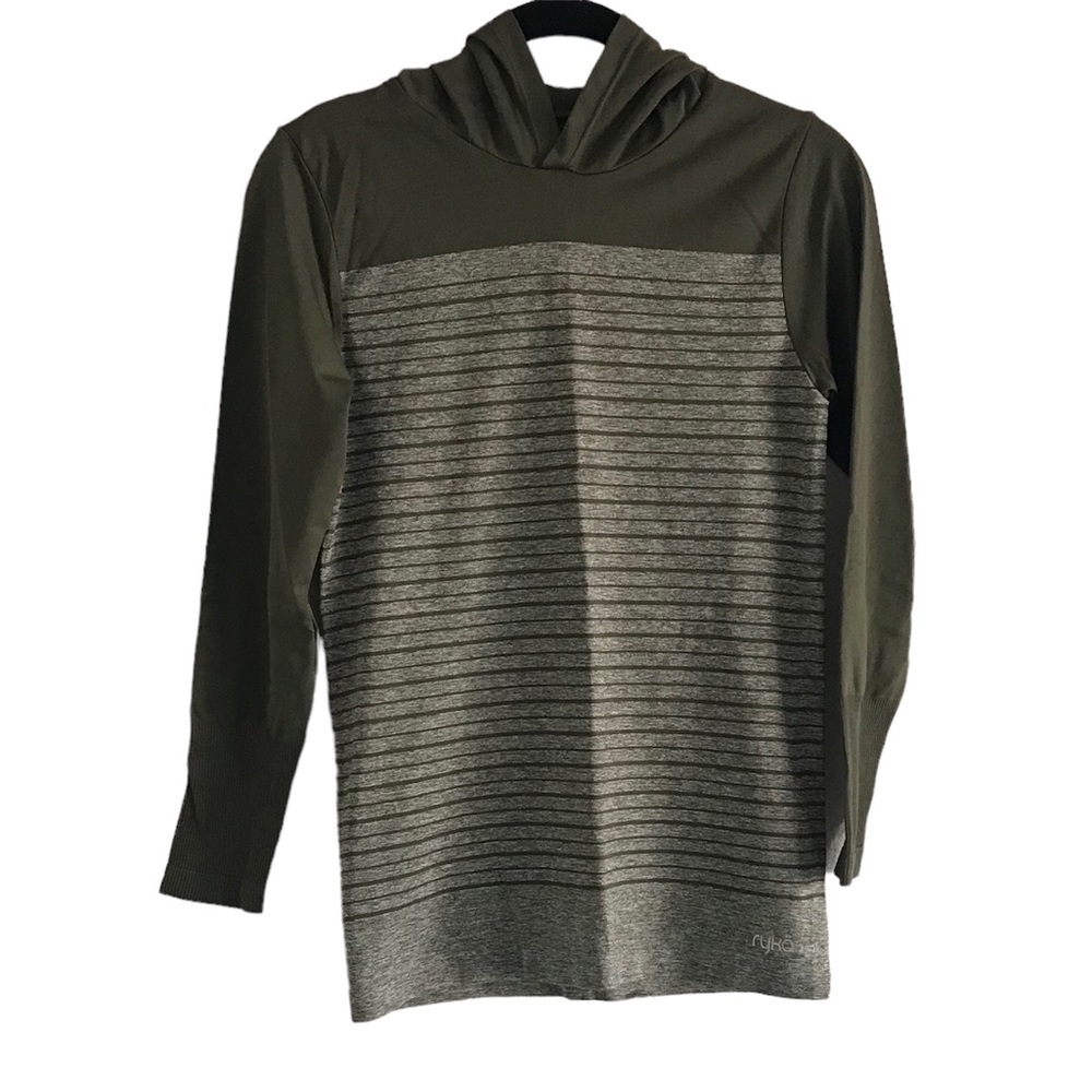 Ryka Green Stripped Athletic Hooded Longsleeve Top sz M